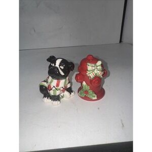 Salt And Pepper Shaker. A Black And White Bulldog Wearing A Plaid Sweater.